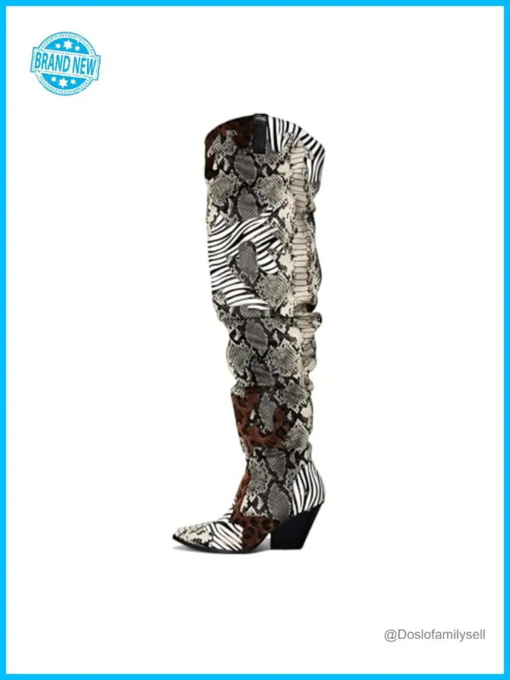 Thigh High Cowboy Boots Chunky Heel Faux Snakeskin Vegan Leather Western Booties